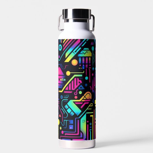 Neon Retro Tech Pattern Water Bottle or Tumbler ウォーターボトル (正面)