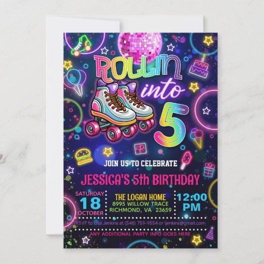 Neon Roller Skate 5th Birthday Invitation 招待状 (正面)