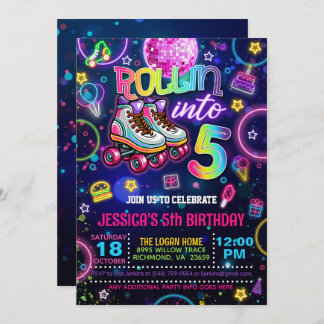 Neon Roller Skate 5th Birthday Invitation 招待状