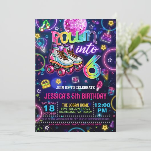 Neon Roller Skate 6th Birthday Invitation 招待状 (スタンド正面)