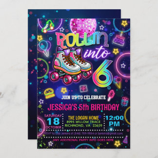 Neon Roller Skate 6th Birthday Invitation 招待状