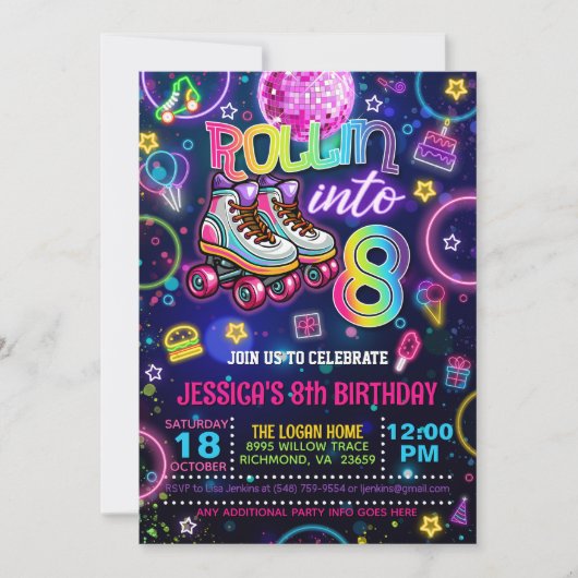 Neon Roller Skate 8th Birthday Invitation 招待状 (正面)