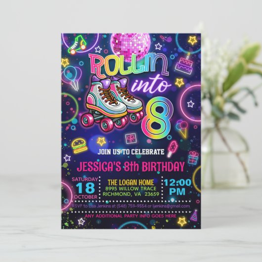 Neon Roller Skate 8th Birthday Invitation 招待状 (スタンド正面)