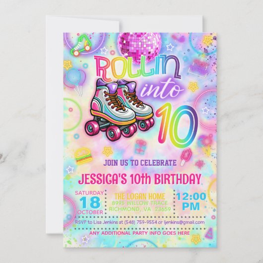 Neon Roller Tie Dye Skate 10th Birthday Invitation 招待状 (正面)