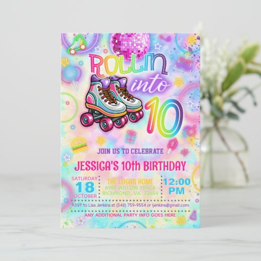 Neon Roller Tie Dye Skate 10th Birthday Invitation 招待状 (スタンド正面)