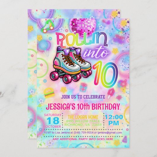 Neon Roller Tie Dye Skate 10th Birthday Invitation 招待状 (正面/裏面)