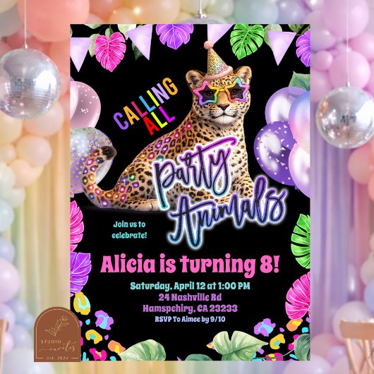 Neon Safari Leopard tween birthday invitation 招待状
