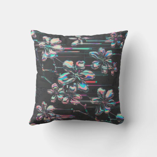 Neon Sakura Glitch – Futuristisches Blumenmuster クッション (裏面)