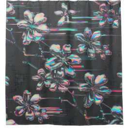 Neon Sakura Glitch – Futuristisches Blumenmuster シャワーカーテン