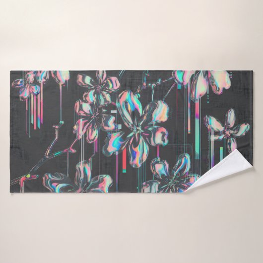 Neon Sakura Glitch – Futuristisches Blumenmuster バスタオル (バスタオル)