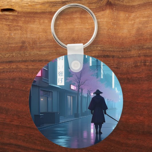 Neon Samurai Keychain – Retro Anime Tokyo Design キーホルダー (正面)