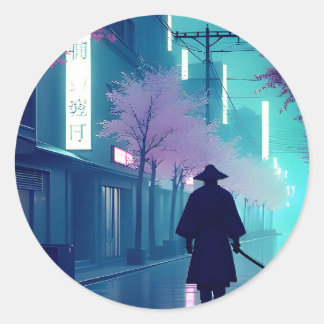 Neon Samurai Sticker – Retro Anime Cyberpunk Tokyo ラウンドシール
