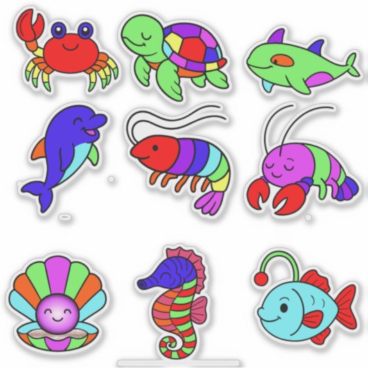 Neon Sea Creatures Sticker Pack – 9 Vibrant Underw シール (正面)