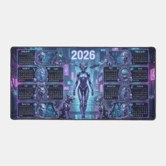 Neon Sentinel 2026 – サイバーパンクアンドロイドとロボペット デスクマット