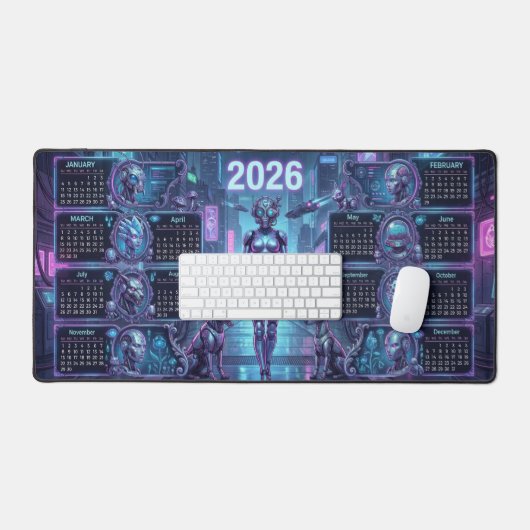 Neon Sentinel 2026 – Cyberpunk Android & Robo-Pets デスクマット (キーボード&マウス)