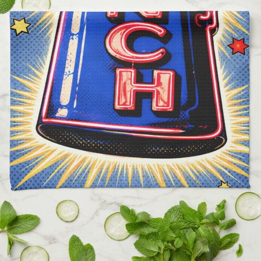 Neon Sign, Coffee Pot, Lunch, POP Art Style キッチンタオル (折り畳み)