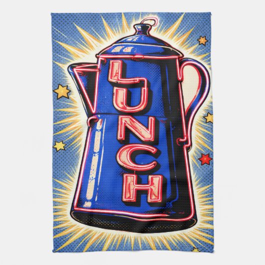 Neon Sign, Coffee Pot, Lunch, POP Art Style キッチンタオル (縦)