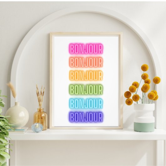 Neon Sign Style Bonjour Repeating Rainbow Print フォトプリント