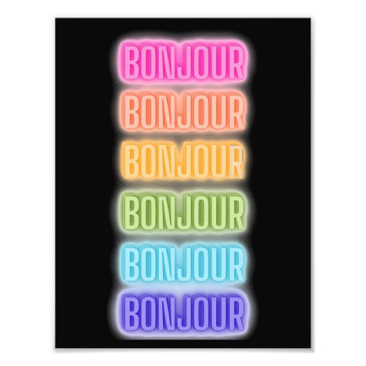 Neon Sign Style Bonjour Repeating Rainbow Print フォトプリント (正面)