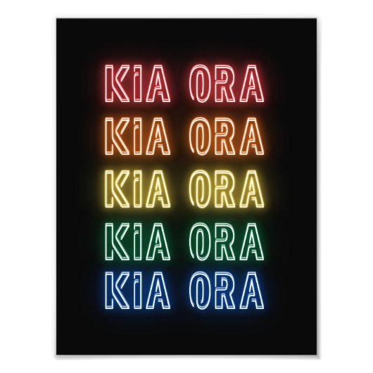 Neon Sign Style Kia Ora Repeating Rainbow Print フォトプリント (正面)