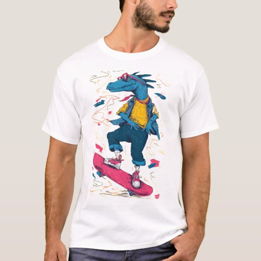 Neon Skater Dino – Street Art Illustration Tシャツ (正面)