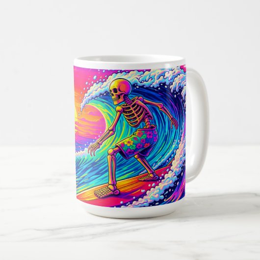 Neon Skeleton Surfing Colorful Sunset コーヒーマグカップ (正面右)