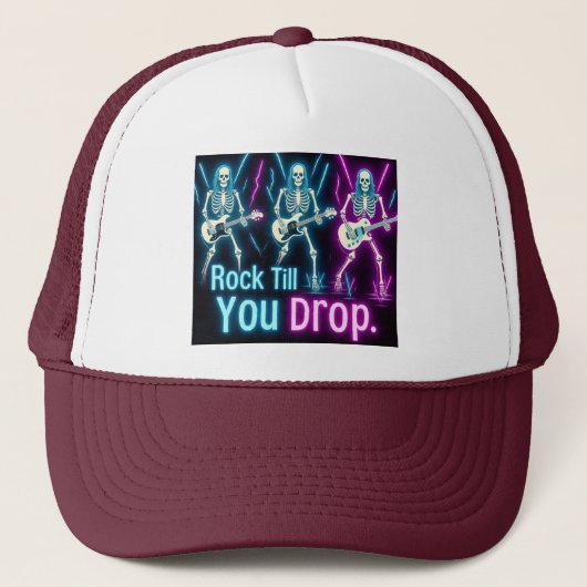 Neon Skeletons Rock Hard Halloween Trucker Hat キャップ (正面)