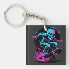 Neon Skull Skateboard Art – Edgy Skater Design キーホルダー