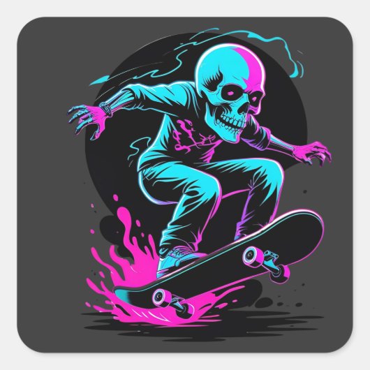 Neon Skull Skateboard Art – Edgy Skater Design スクエアシール (正面)