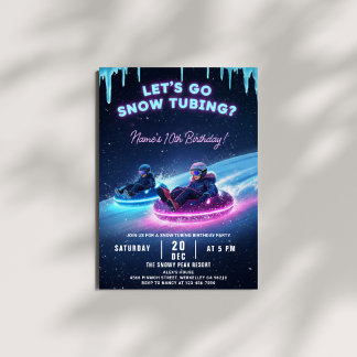 Neon Snow Tubing Birthday Invitation Winter Party 招待状