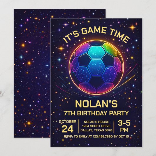 Neon Soccer Birthday Invitation 招待状 (正面/裏面)