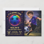 Neon Soccer Birthday Photo Invitation 招待状 (正面)
