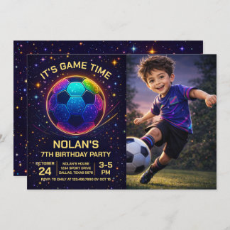 Neon Soccer Birthday Photo Invitation 招待状