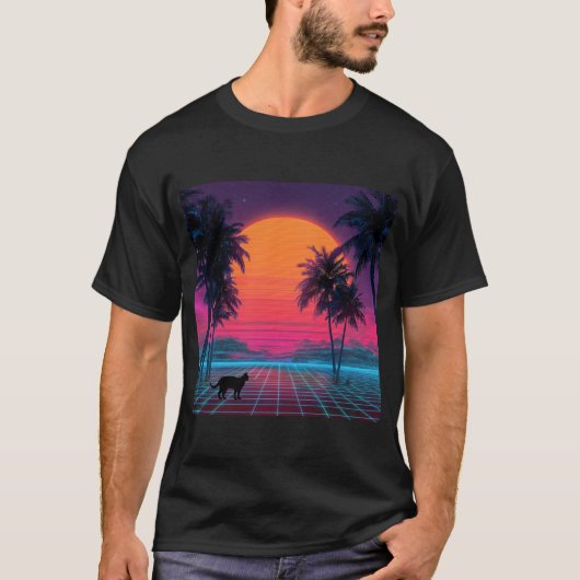 Neon Sunset Cat on Cyber Shore Tシャツ (正面)
