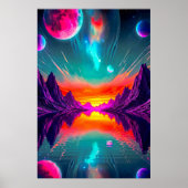 Neon Synthwave Alien Planet Landscape Graphic ポスター (正面)