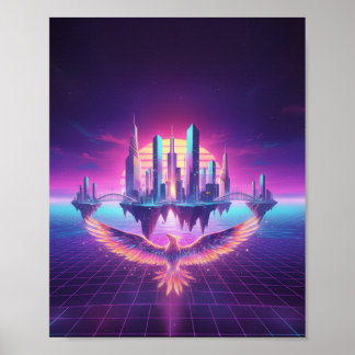 Neon Synthwave Cityscape Phoenix Art Print ポスター