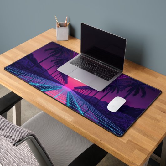 Neon Synthwave Grid Desk Mat - Retro 80s Gaming Mo デスクマット (オフィス2)