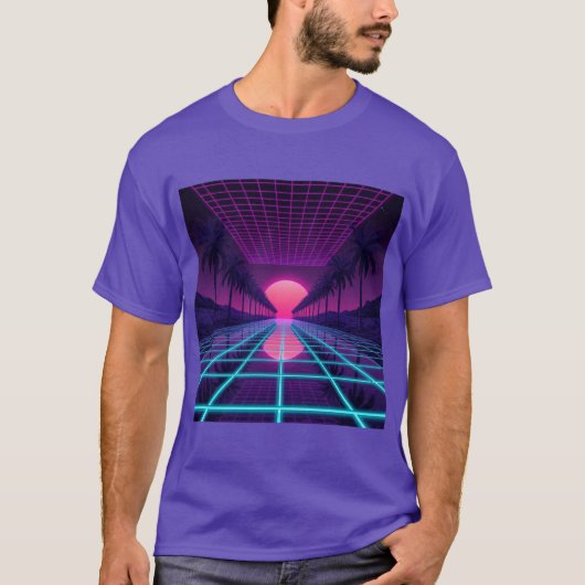 Neon Synthwave Horizon - Retro 80s Cyberpunk Grid Tシャツ (正面)