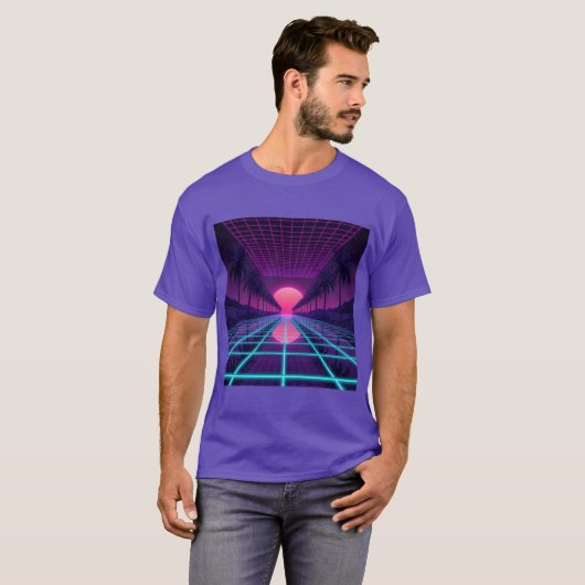 Neon Synthwave Horizon - Retro 80s Cyberpunk Grid Tシャツ (正面フル)