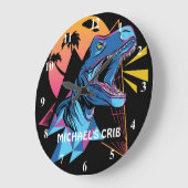 Neon T-レックス恐竜グラフィック10代のス子供カッコいいトレンディー ラージ壁時計 (傾斜)