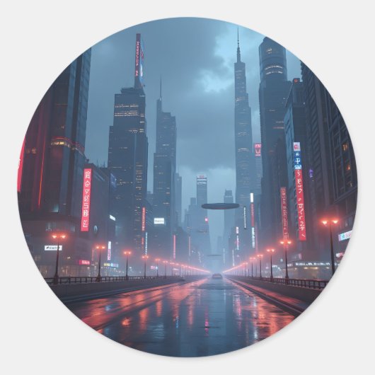 Neon Tomorrow – サイバーパンク都市の風景 クラシックラウンド ラウンドシール (正面)