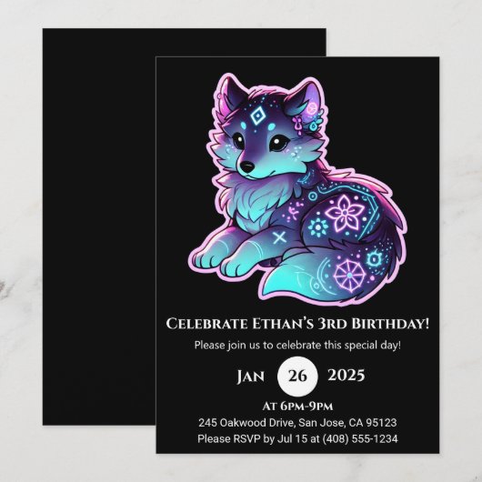 Neon Tribal Wolf Birthday Invitation 招待状 (正面/裏面)