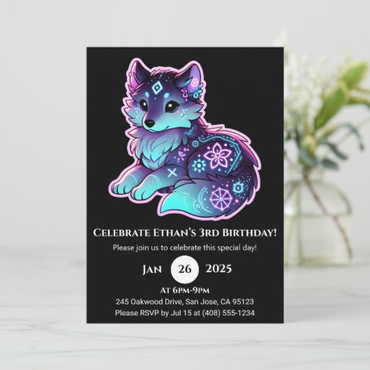 Neon Tribal Wolf Birthday Invitation 招待状 (スタンド正面)