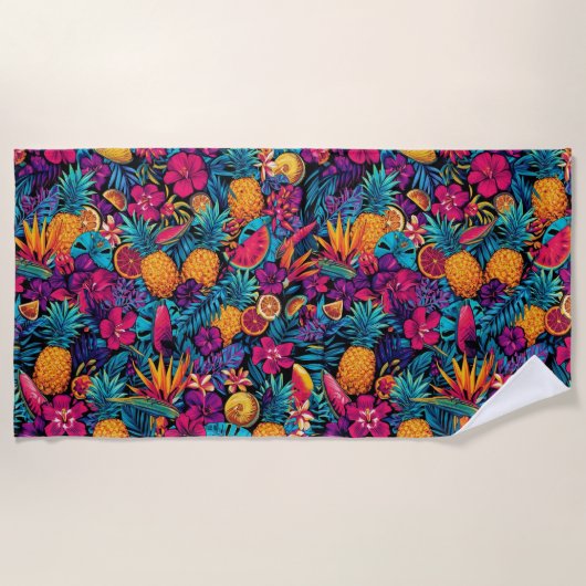 Neon Tropical Fruit Flower Beach Towel - Pineapple ビーチタオル (正面)