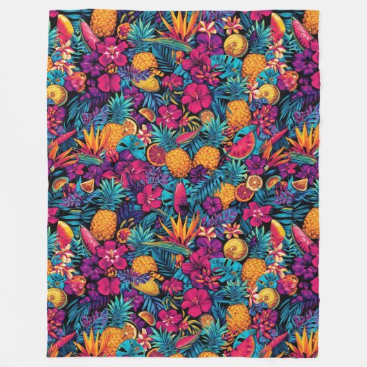 Neon Tropical Fruit Flower Throw Blanket フリースブランケット (正面)