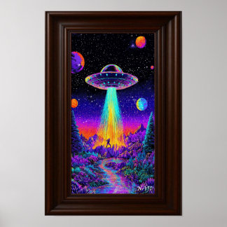 Neon UFO Abduction – Psychedelic Space Art Print ポスター