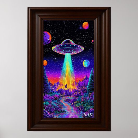 Neon UFO Abduction – Psychedelic Space Art Print ポスター (正面)