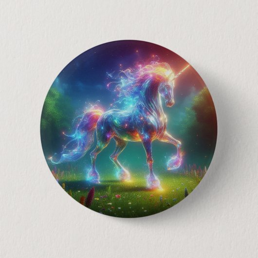 Neon Unicorn Art – Glowing Fantasy Horse Rainbow 缶バッジ (正面)