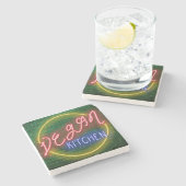 Neon Vegan Kitchen Sign ストーンコースター (横)