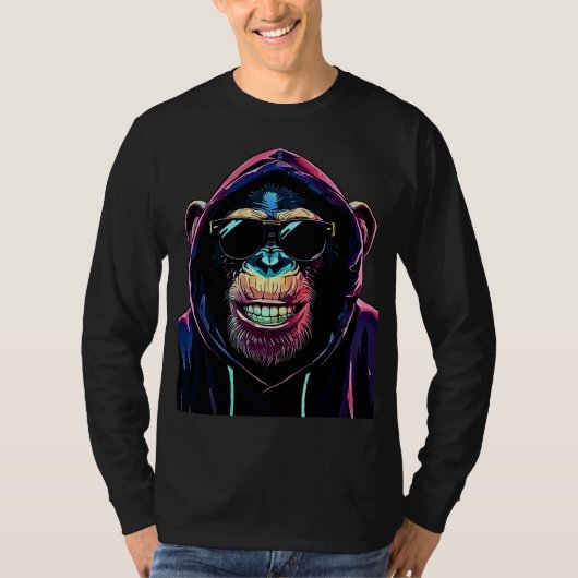 Neon Vibe – Stylish Chimpanzee in Hoodie and Sungl Tシャツ (正面)